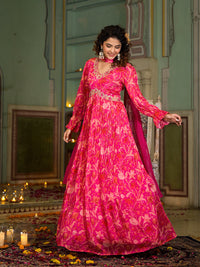 Rani Pink Digital Print Zardozi Work Chinon fabric Long Party Dress with Organza Dupatta