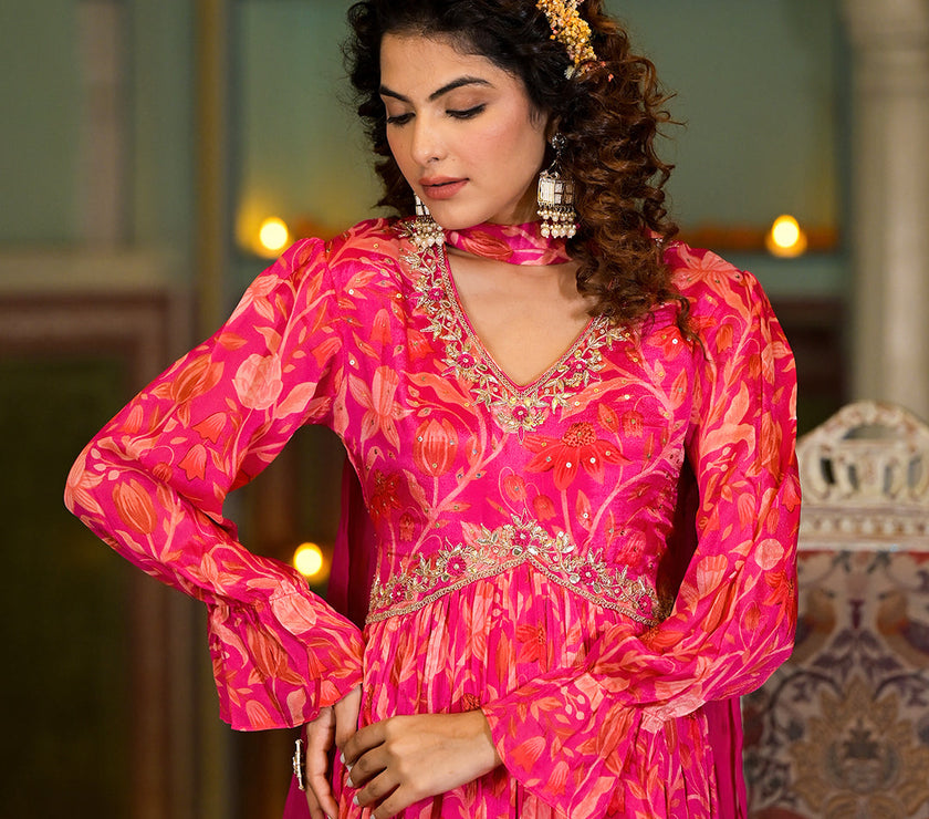 Rani Pink Digital Print Zardozi Work Chinon fabric Long Party Dress with Organza Dupatta