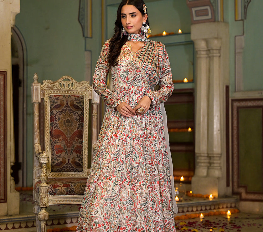 Beige Digital Print Chinon Fabric Gota Work Party Dress with Organza Dupatta