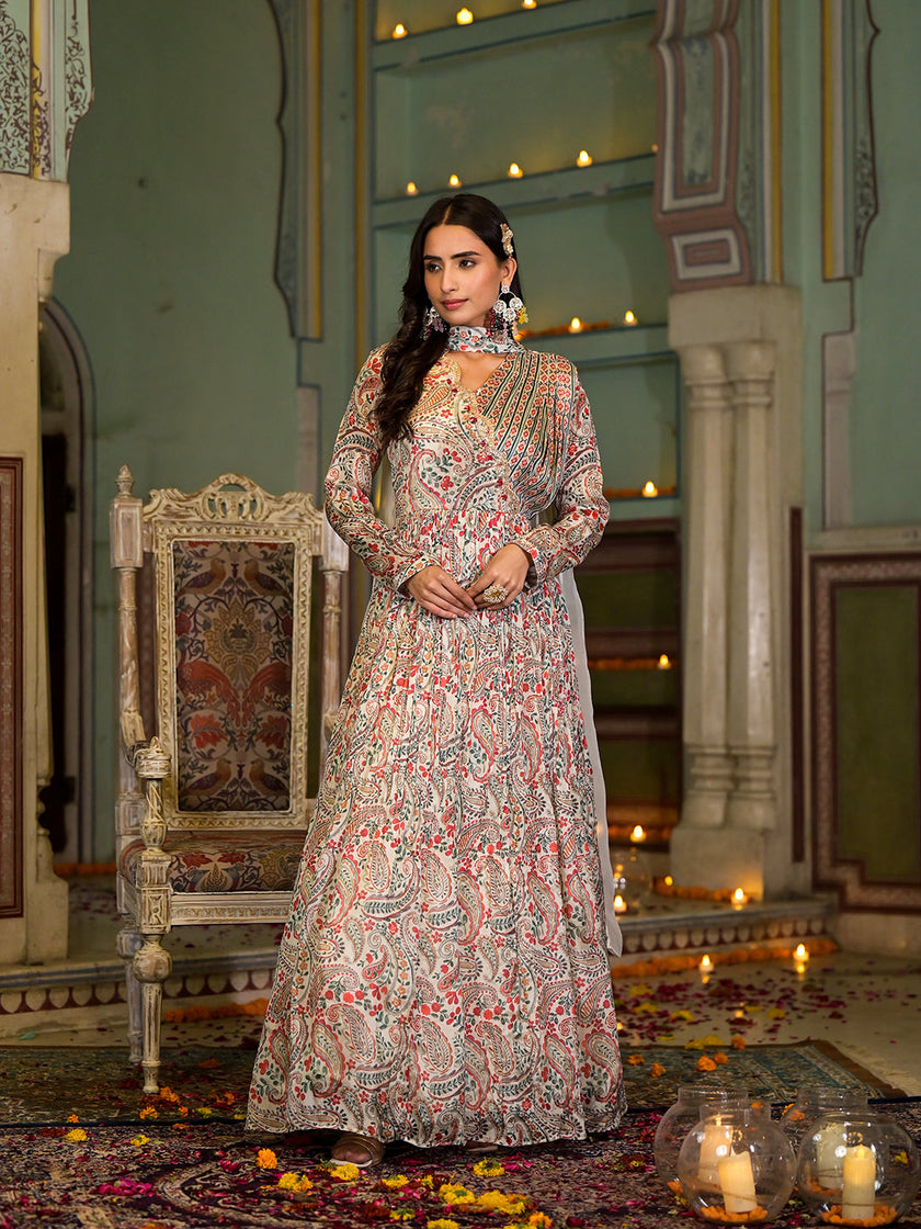 Beige Digital Print Chinon Fabric Gota Work Party Dress with Organza Dupatta