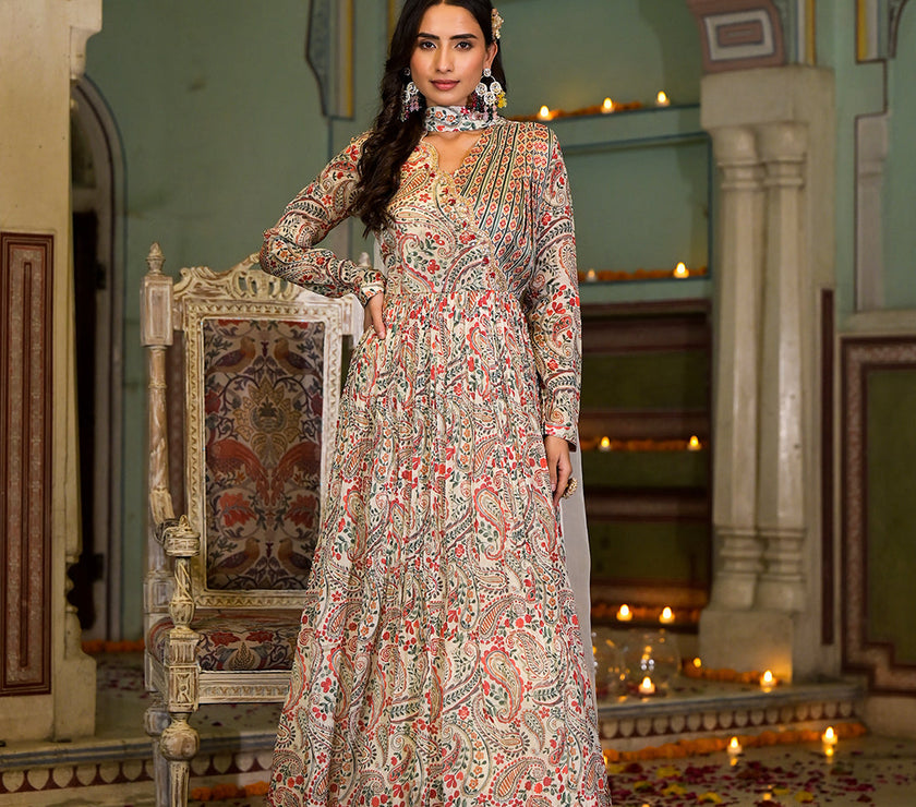 Beige Digital Print Chinon Fabric Gota Work Party Dress with Organza Dupatta