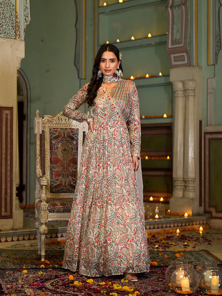 Beige Digital Print Chinon Fabric Gota Work Party Dress with Organza Dupatta