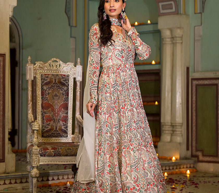 Beige Digital Print Chinon Fabric Gota Work Party Dress with Organza Dupatta