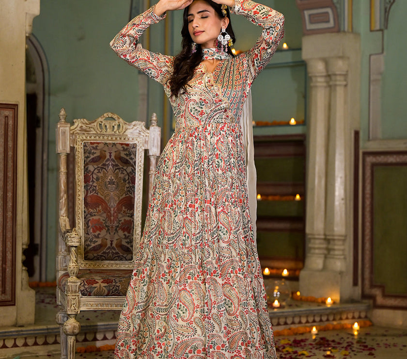 Beige Digital Print Chinon Fabric Gota Work Party Dress with Organza Dupatta