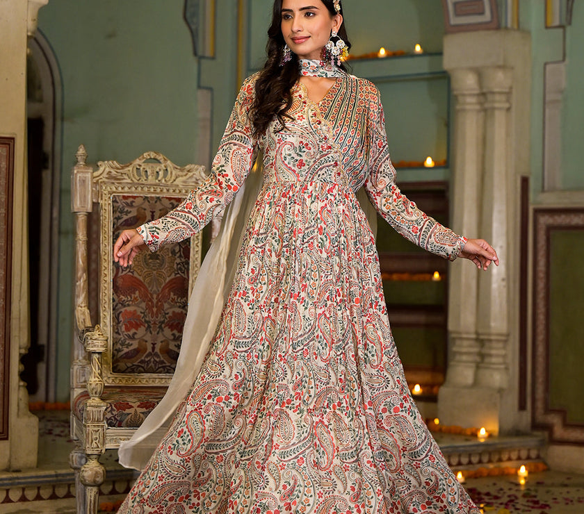 Beige Digital Print Chinon Fabric Gota Work Party Dress with Organza Dupatta