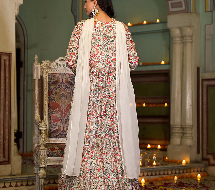 Beige Digital Print Chinon Fabric Gota Work Party Dress with Organza Dupatta