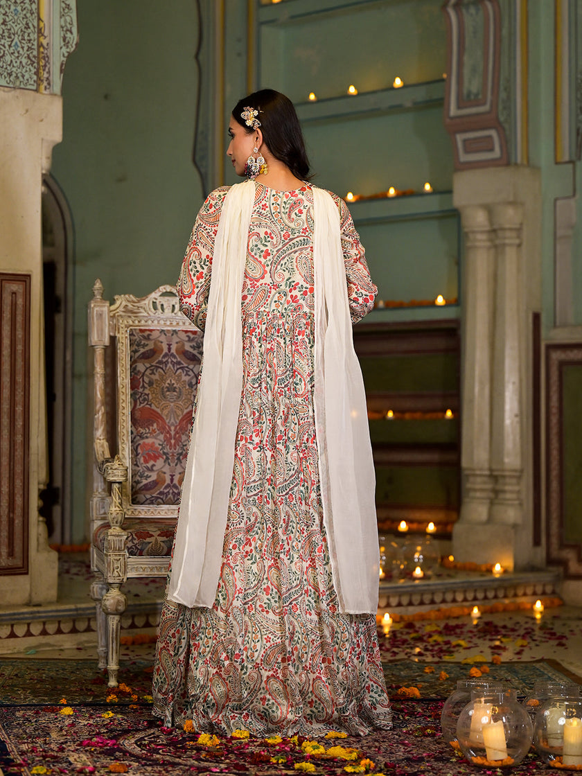 Beige Digital Print Chinon Fabric Gota Work Party Dress with Organza Dupatta