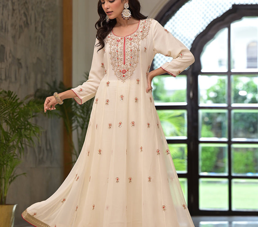 Divena Cream Embroidered Zari Work Georgette  Kurta Set