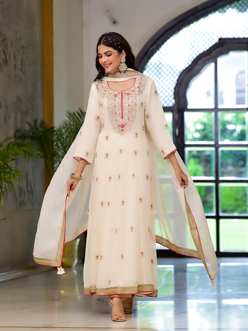 Divena Cream Embroidered Zari Work Georgette  Kurta Set