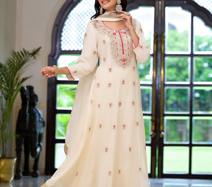 Divena Cream Embroidered Zari Work Georgette  Kurta Set