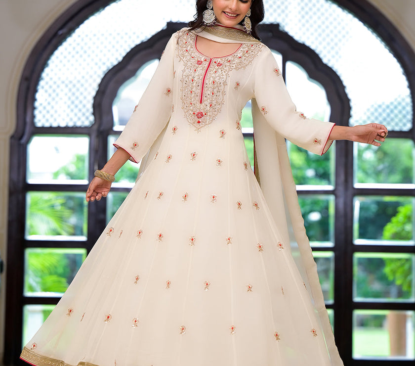 Divena Cream Embroidered Zari Work Georgette  Kurta Set