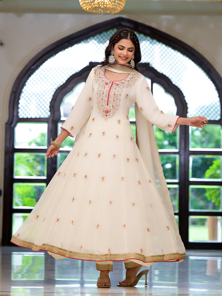 Divena Cream Embroidered Zari Work Georgette  Kurta Set