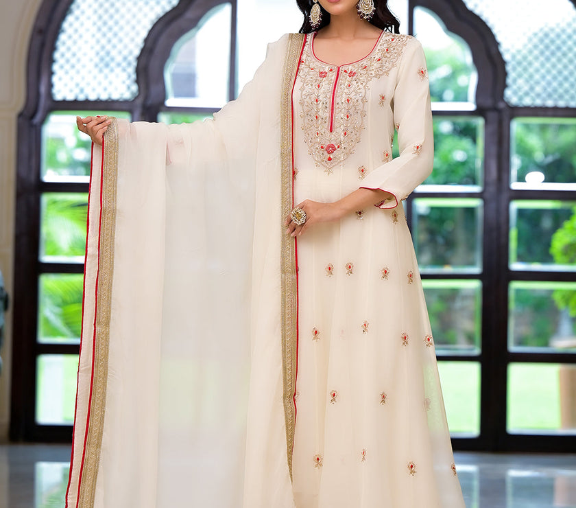 Divena Cream Embroidered Zari Work Georgette  Kurta Set