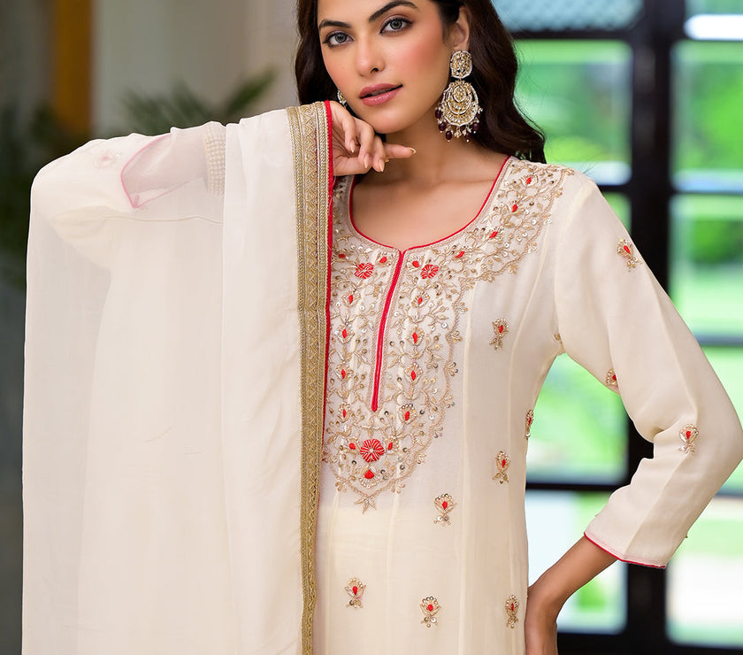 Divena Cream Embroidered Zari Work Georgette  Kurta Set