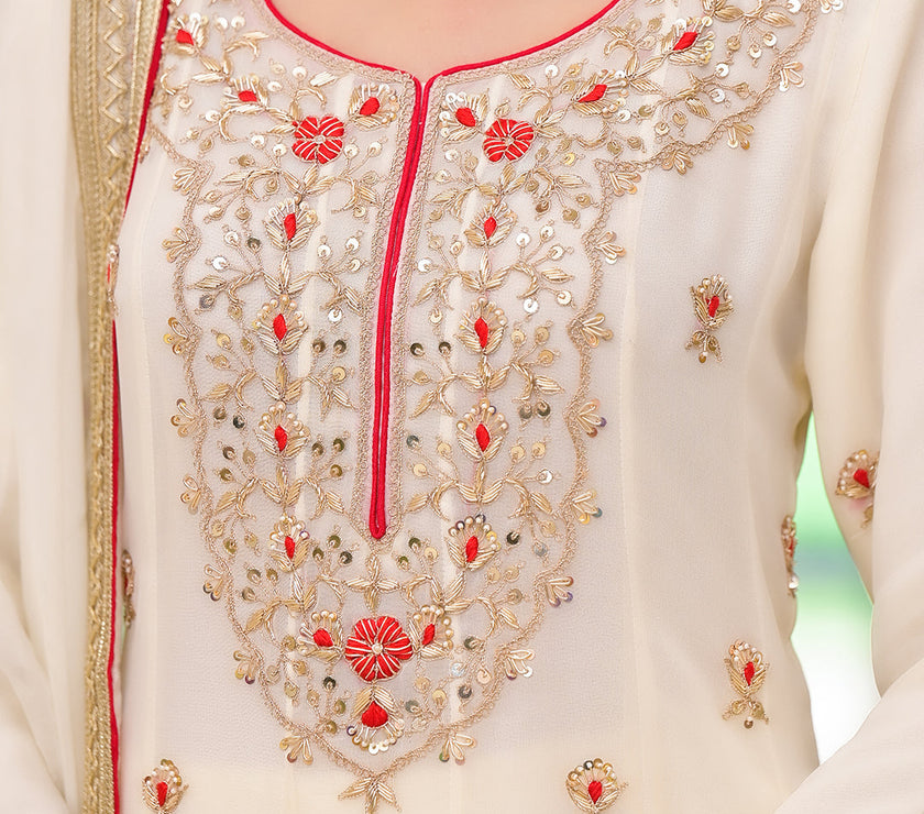 Divena Cream Embroidered Zari Work Georgette  Kurta Set