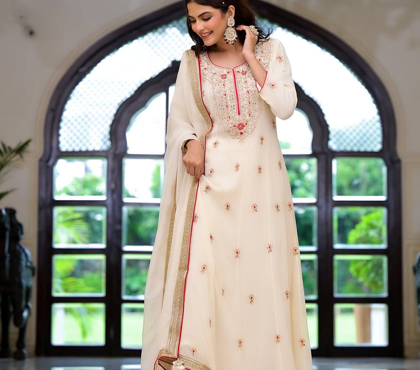 Divena Cream Embroidered Zari Work Georgette  Kurta Set