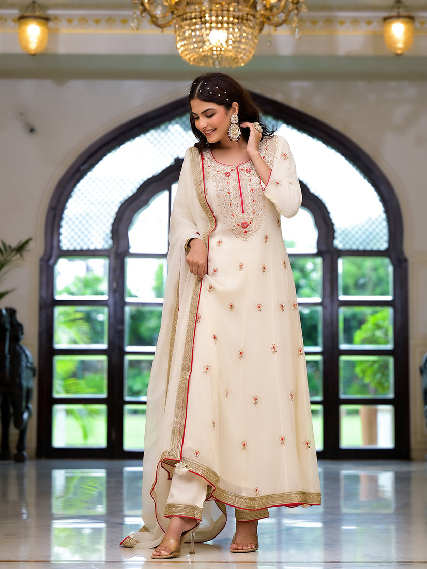 Divena Cream Embroidered Zari Work Georgette  Kurta Set