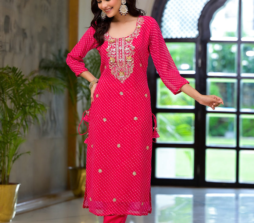 Divena Pink Leheriya Print Georgette Fabric Straight Kurta & Trouser with Dupatta