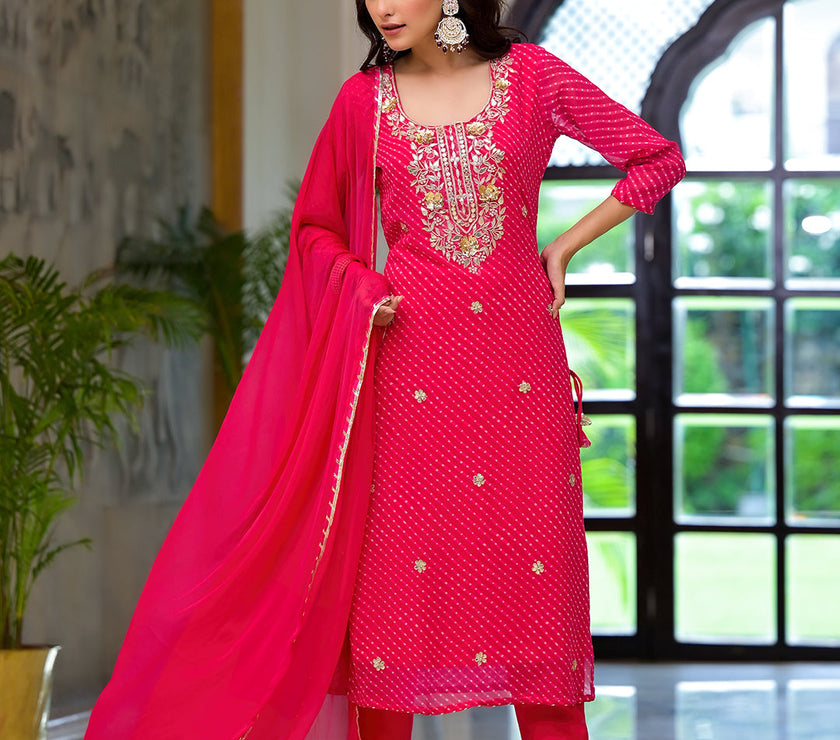 Divena Pink Leheriya Print Georgette Fabric Straight Kurta & Trouser with Dupatta