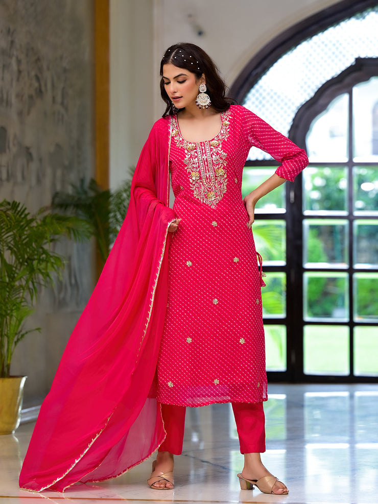 Divena Pink Leheriya Print Georgette Fabric Straight Kurta & Trouser with Dupatta