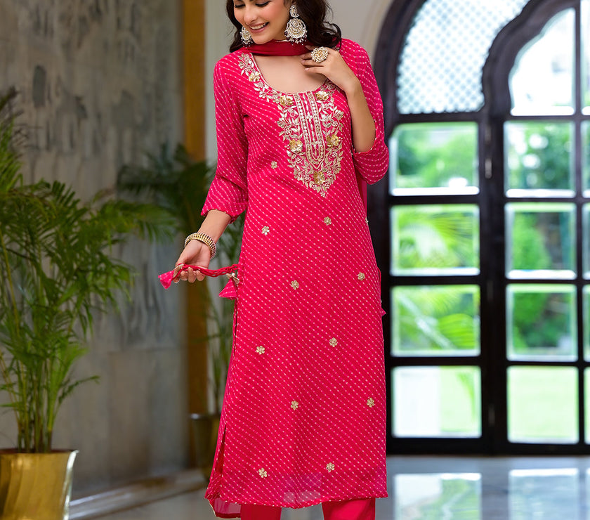 Divena Pink Leheriya Print Georgette Fabric Straight Kurta & Trouser with Dupatta