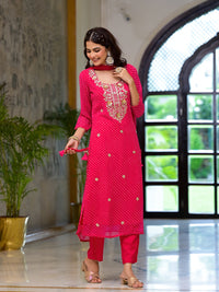 Divena Pink Leheriya Print Georgette Fabric Straight Kurta & Trouser with Dupatta