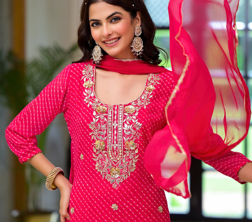 Divena Pink Leheriya Print Georgette Fabric Straight Kurta & Trouser with Dupatta