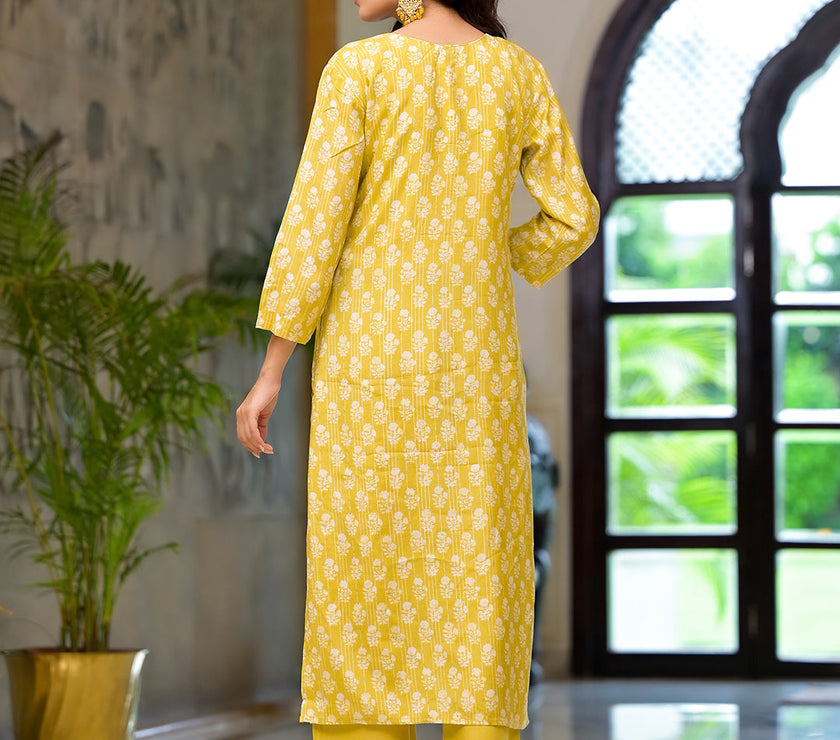 Divena Yellow Printed Muslin Straight Kurta & Trouser with Dupatta