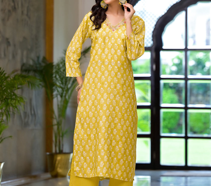 Divena Yellow Printed Muslin Straight Kurta & Trouser with Dupatta