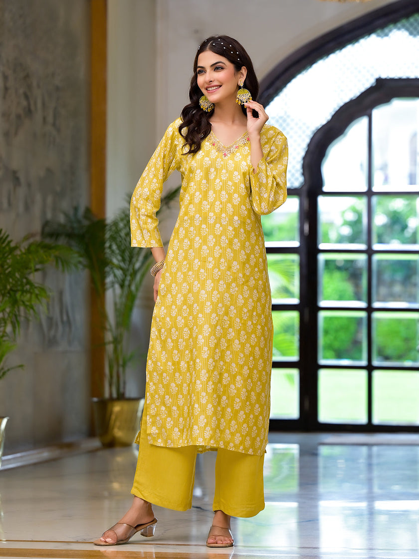 Divena Yellow Printed Muslin Straight Kurta & Trouser with Dupatta