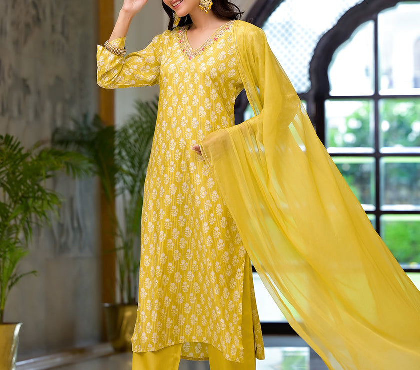 Divena Yellow Printed Muslin Straight Kurta & Trouser with Dupatta