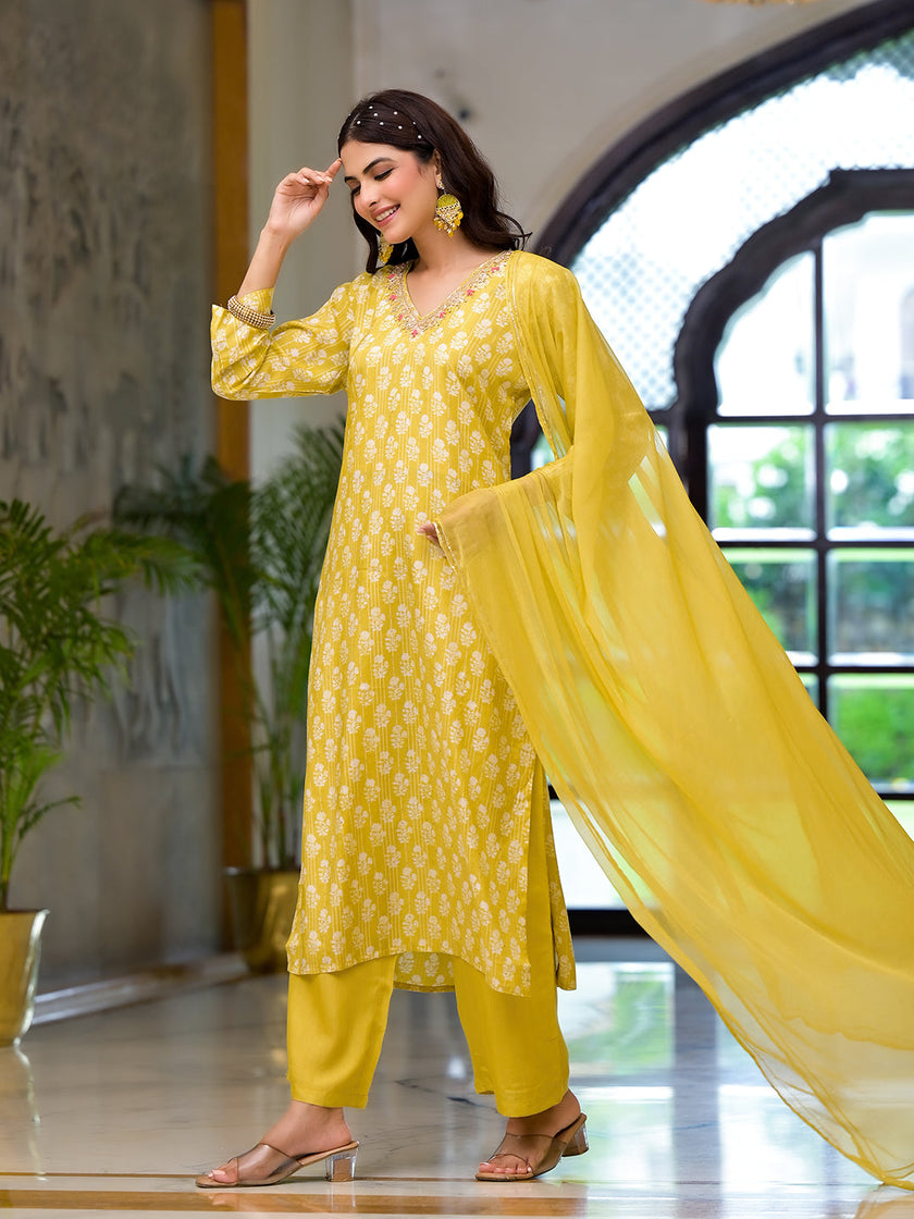 Divena Yellow Printed Muslin Straight Kurta & Trouser with Dupatta