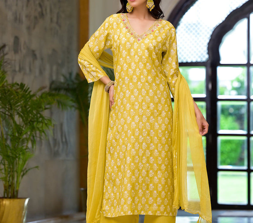 Divena Yellow Printed Muslin Straight Kurta & Trouser with Dupatta