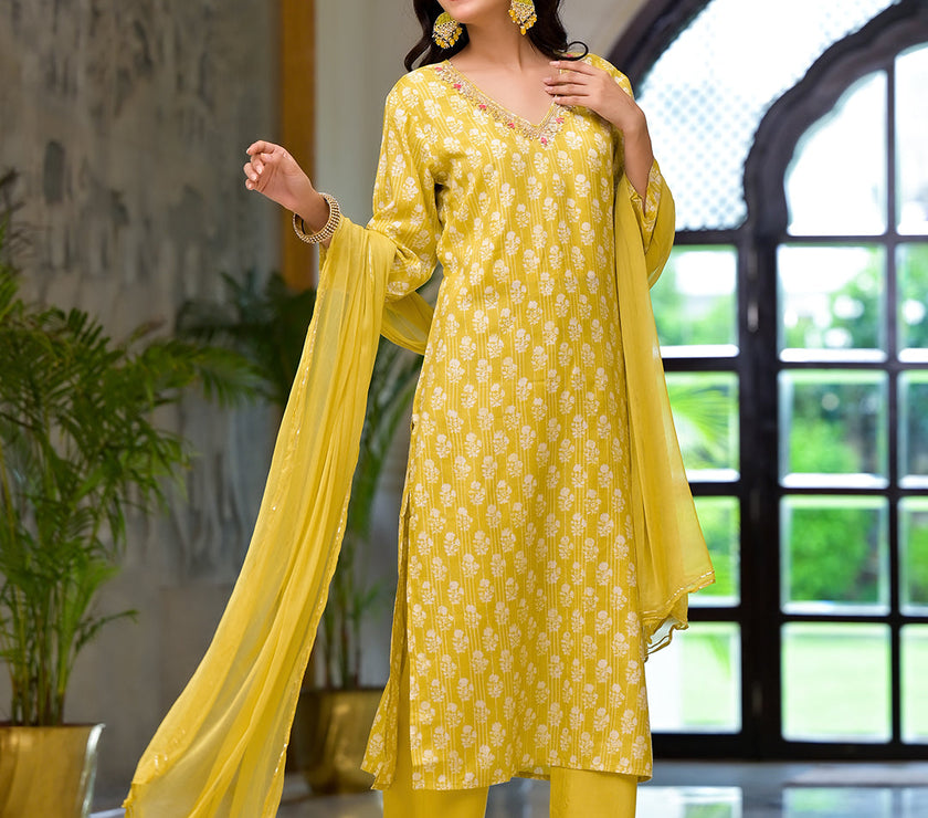 Divena Yellow Printed Muslin Straight Kurta & Trouser with Dupatta