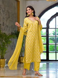 Divena Yellow Printed Muslin Straight Kurta & Trouser with Dupatta