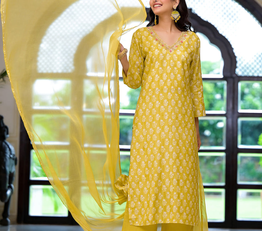 Divena Yellow Printed Muslin Straight Kurta & Trouser with Dupatta