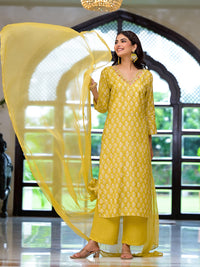 Divena Yellow Printed Muslin Straight Kurta & Trouser with Dupatta