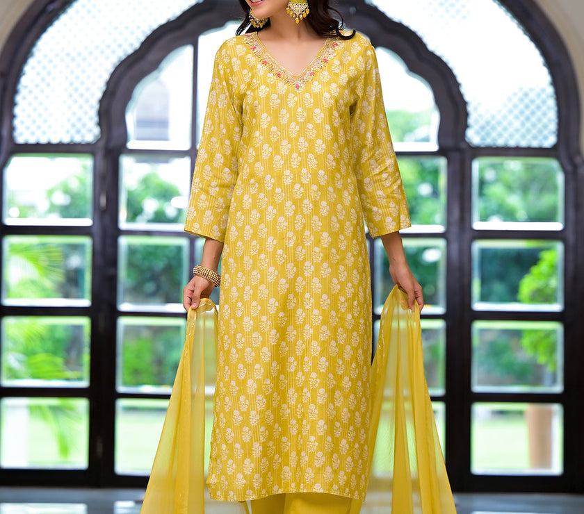 Divena Yellow Printed Muslin Straight Kurta & Trouser with Dupatta