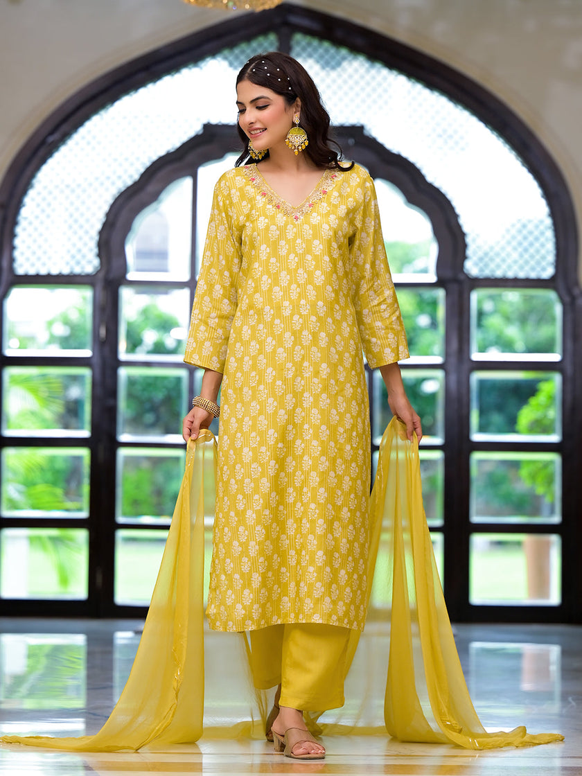 Divena Yellow Printed Muslin Straight Kurta & Trouser with Dupatta