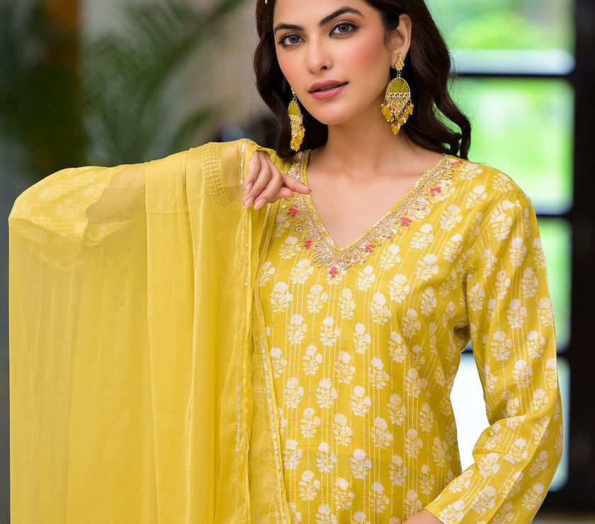 Divena Yellow Printed Muslin Straight Kurta & Trouser with Dupatta