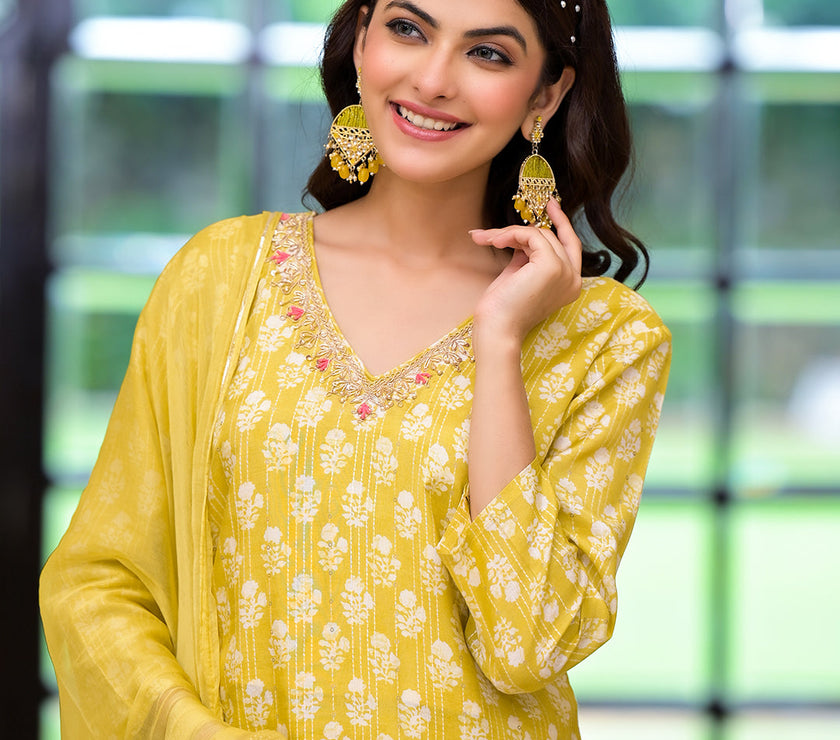 Divena Yellow Printed Muslin Straight Kurta & Trouser with Dupatta