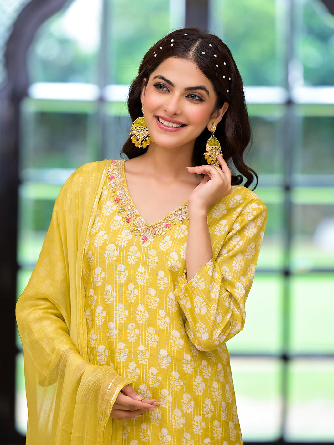 Divena Yellow Printed Muslin Straight Kurta & Trouser with Dupatta