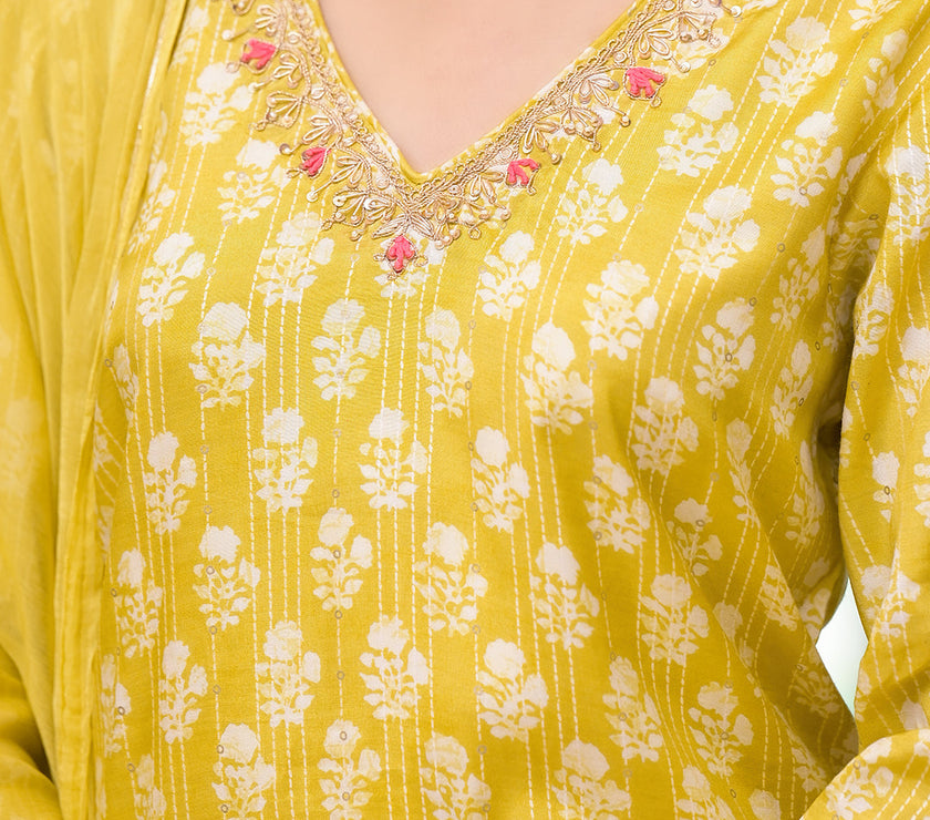 Divena Yellow Printed Muslin Straight Kurta & Trouser with Dupatta