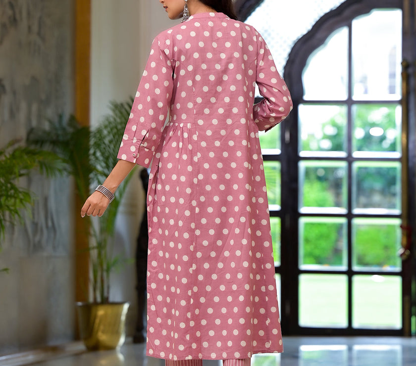 Divena Light Pink Printed Pure Cotton Straight Kurta & Trouser with Dupatta