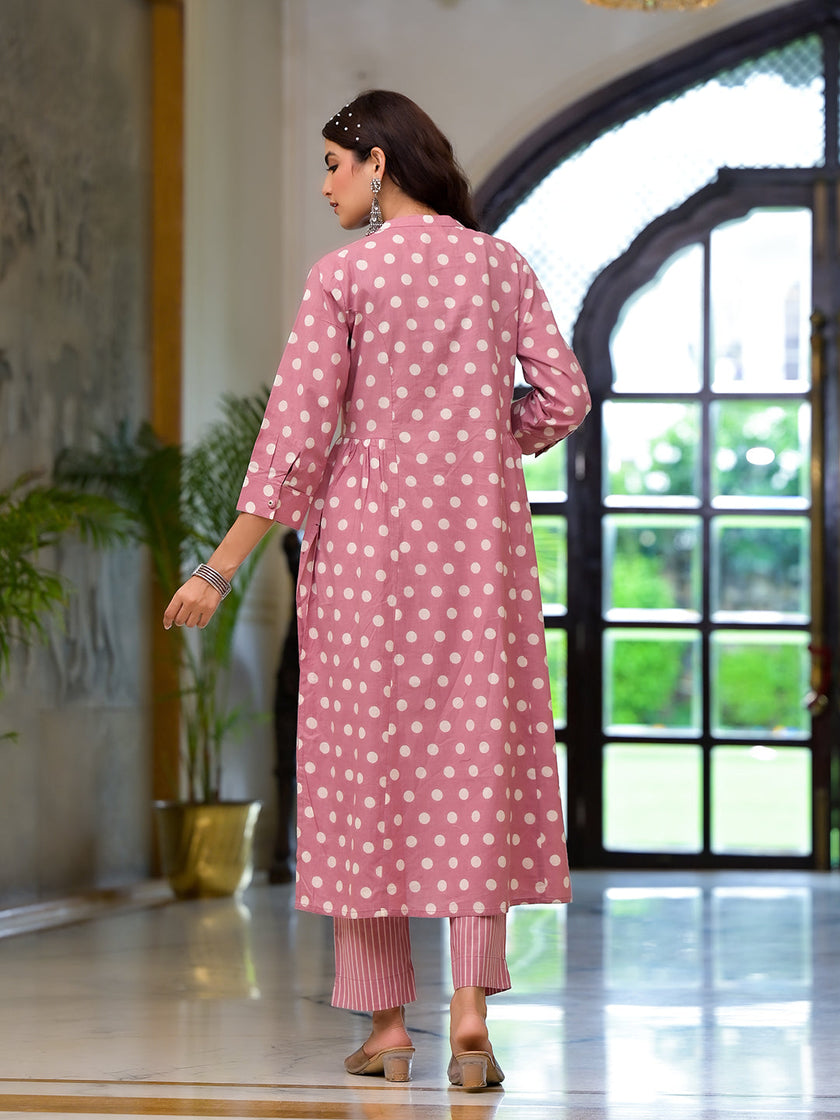 Divena Light Pink Printed Pure Cotton Straight Kurta & Trouser with Dupatta