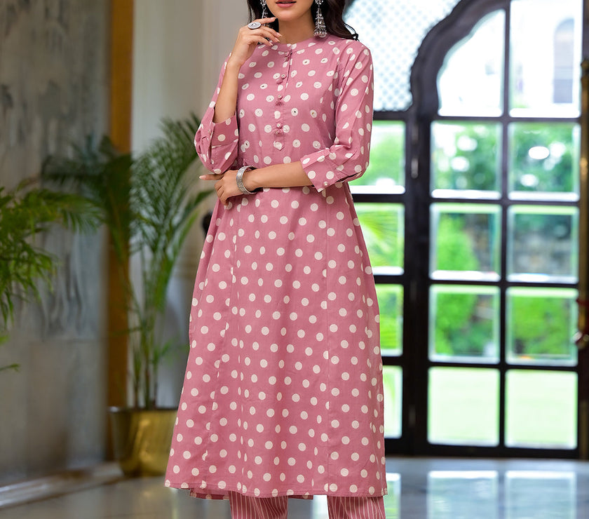 Divena Light Pink Printed Pure Cotton Straight Kurta & Trouser with Dupatta