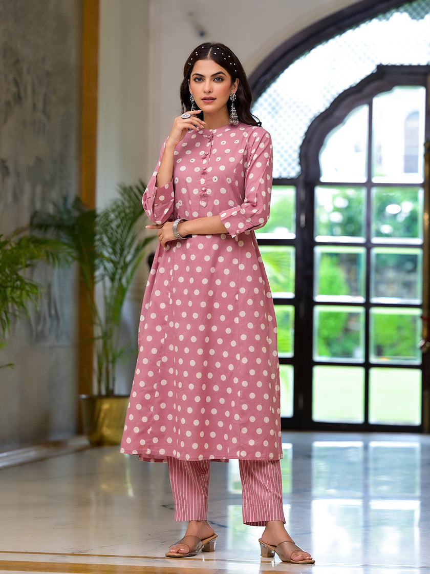 Divena Light Pink Printed Pure Cotton Straight Kurta & Trouser with Dupatta