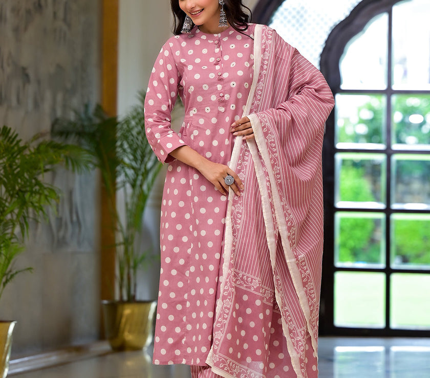 Divena Light Pink Printed Pure Cotton Straight Kurta & Trouser with Dupatta