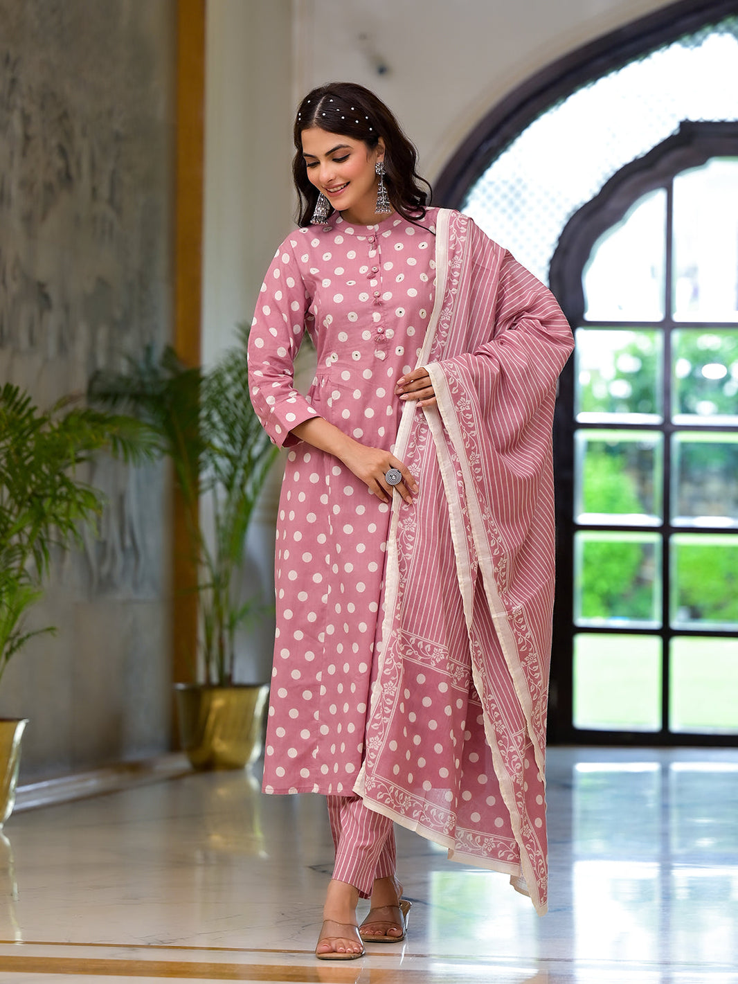 Divena Light Pink Printed Pure Cotton Straight Kurta & Trouser with Dupatta