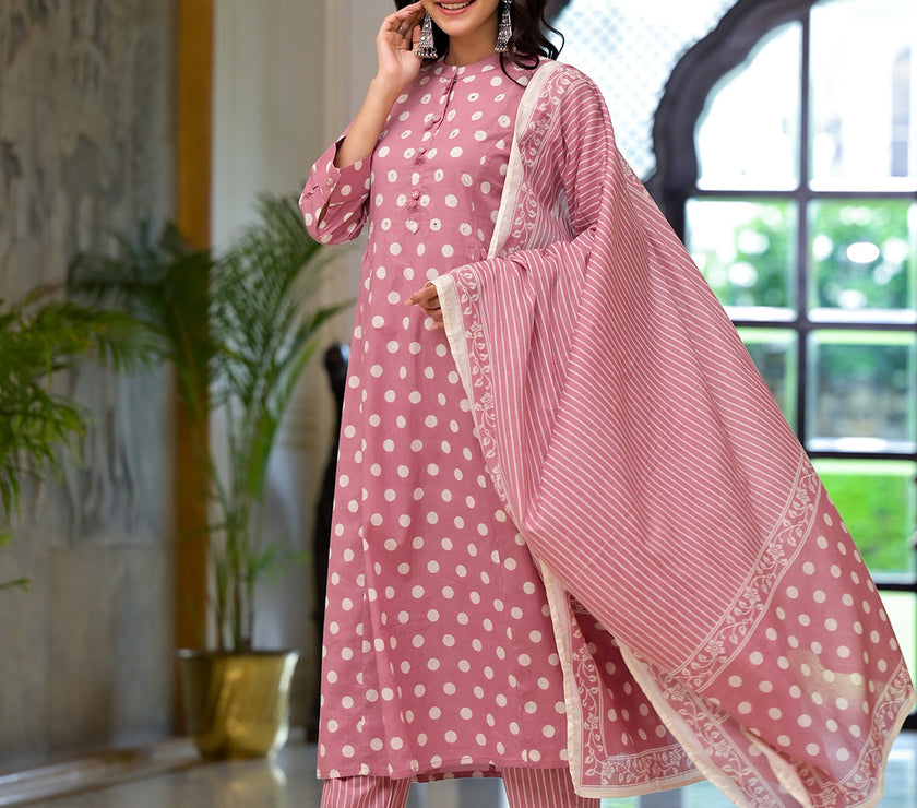 Divena Light Pink Printed Pure Cotton Straight Kurta & Trouser with Dupatta